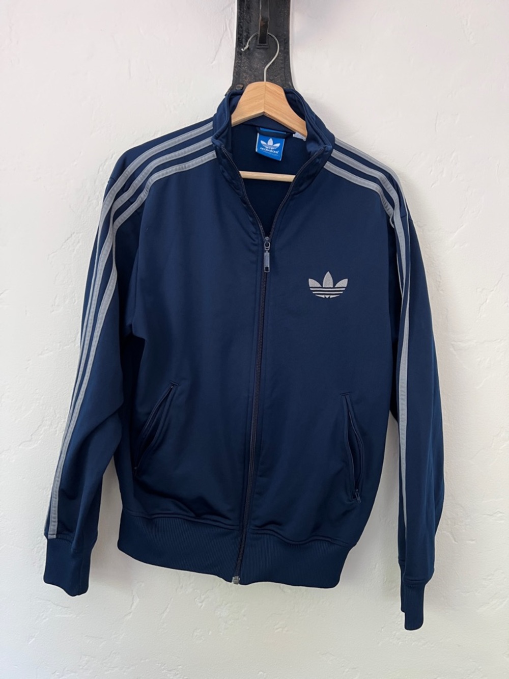adidas Navy Blue Track Jacket with Light Gray Stripes